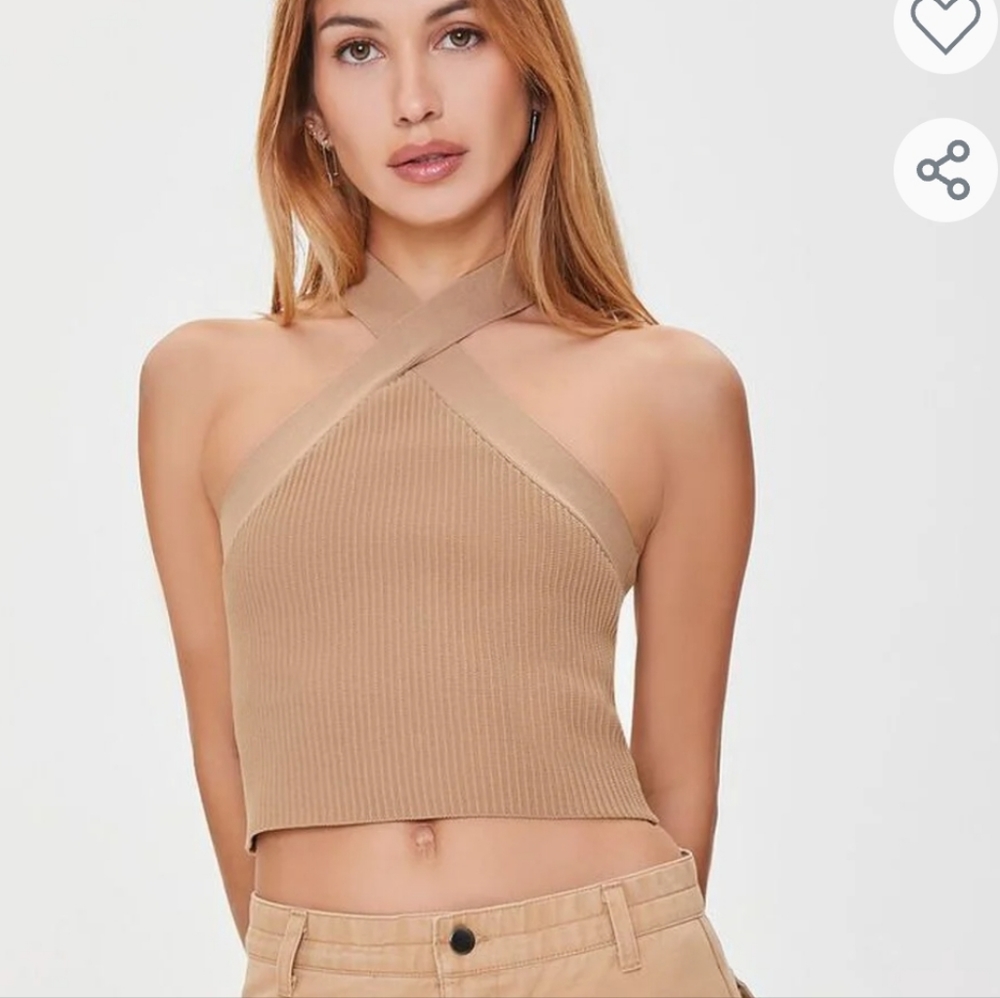 🛑SOLD- Forever 21 ribbed knit halter crop top brown tan size medium NWT